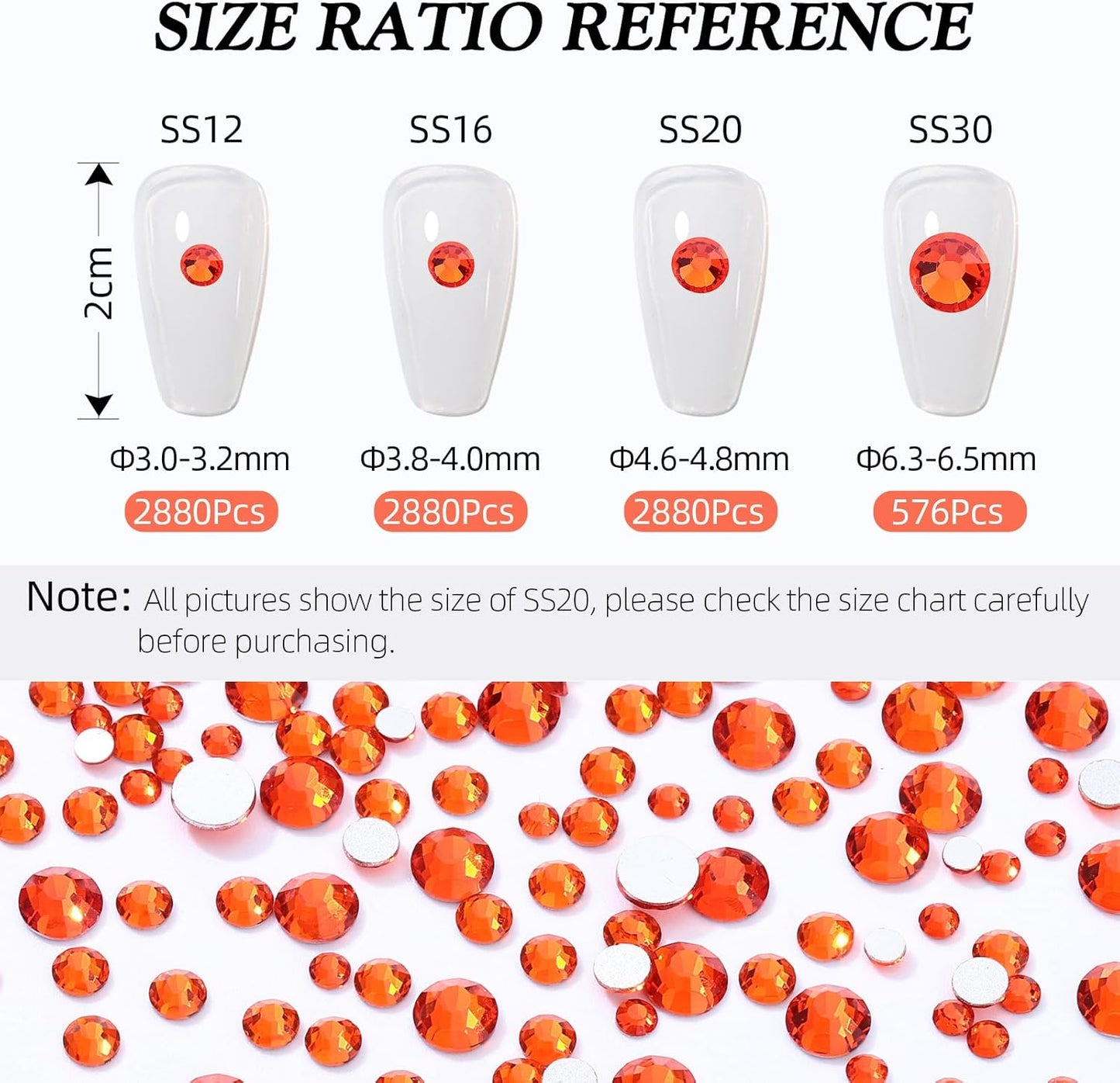 Hyacinth Flatback Rhinestones, Glass Rhinestones for Nail Art and Craft, Glue Fix, Loose Crystal Gemstones(Orange, SS12, 2880pcs, 2.9-3.0mm)