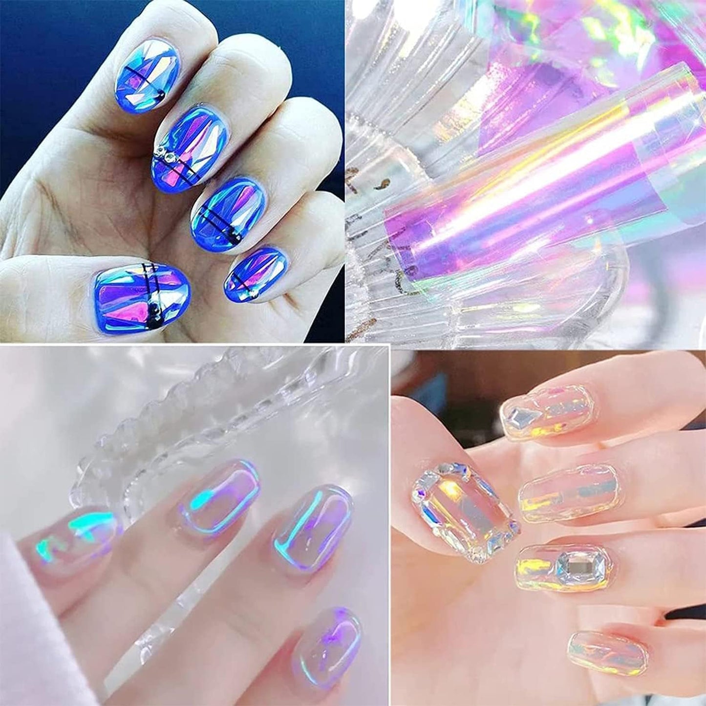 8 Sheets Gradient Glass Paper Nail Art Sticker，Colorful Laser Aurora Cellophane 3D Broken Glass Pieces Mirror Foils Nail Art Decoration for Women Acrylic DIY Nail Art Stickers