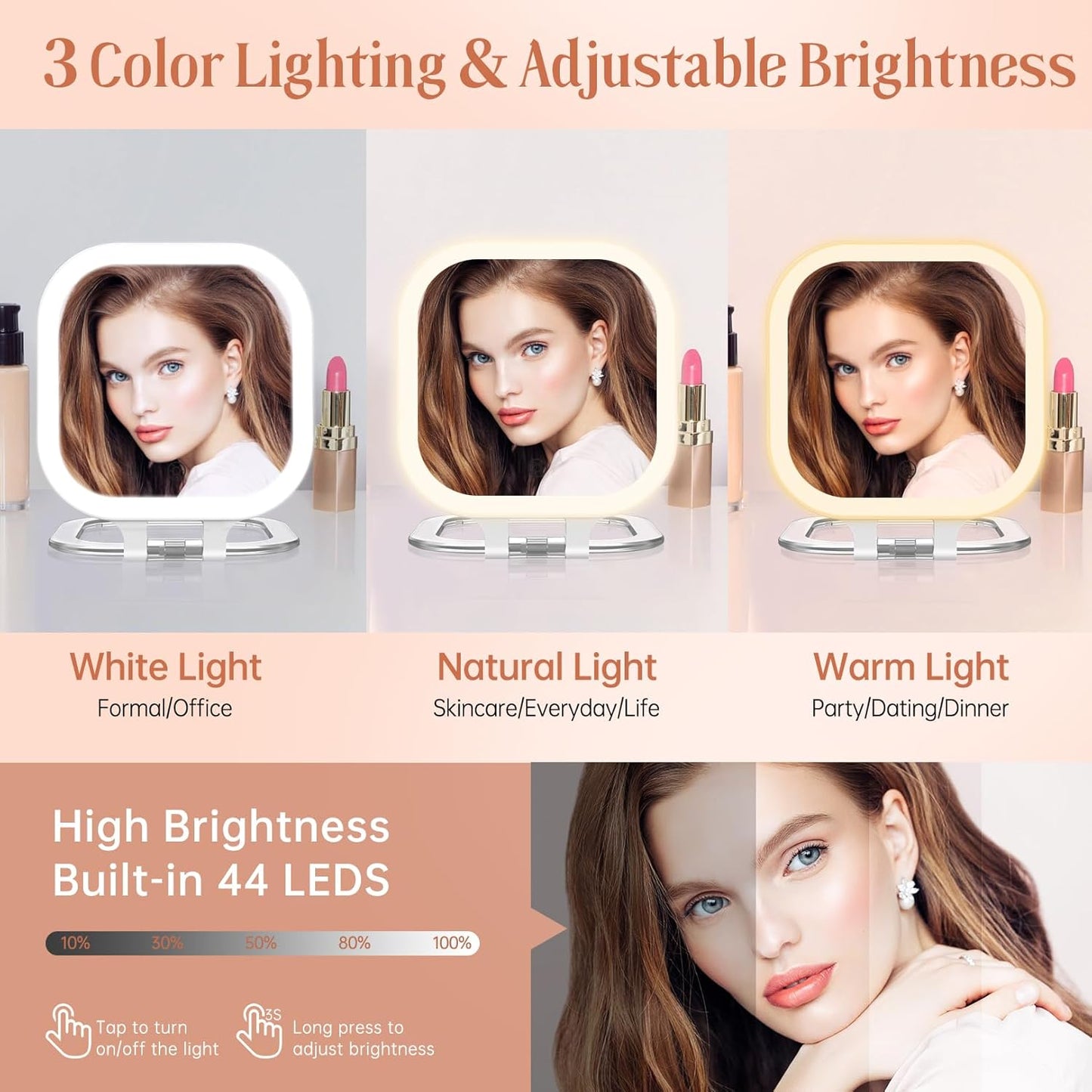 FASCINATE 10X Magnification Compact Travel Makeup Mirror with Lights and Magnification, 3.5 inch Portable 1X/10X Magnifying Mirror with 3 Color Light, Folding, Handheld (White)