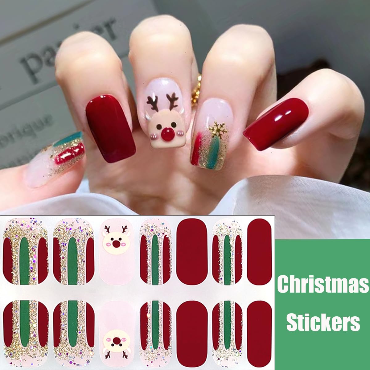 Glitter Christmas Gel Nail Polish Stickers Santa Claus Elk Nail Design Winter Gel Nail Stickers Christmas Trees Snowflake Full Wrap Gel Nail Strips French Christmas Stickers for Women Nail Supplies