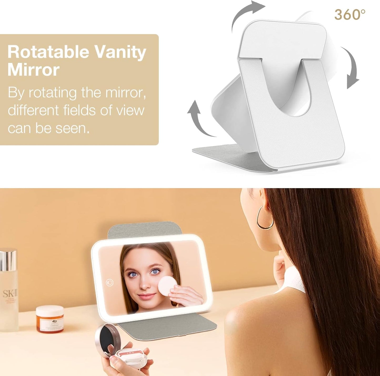 Kintion Travel Makeup Mirror, Portable LED Lighted Makeup Mirror, 360° Rotation Touch Screen Vanity Mirror, 60 LEDs, 3-Color Dimmable Lighting, Rechargeable Tabletop Folding Cosmetic Mirror, White