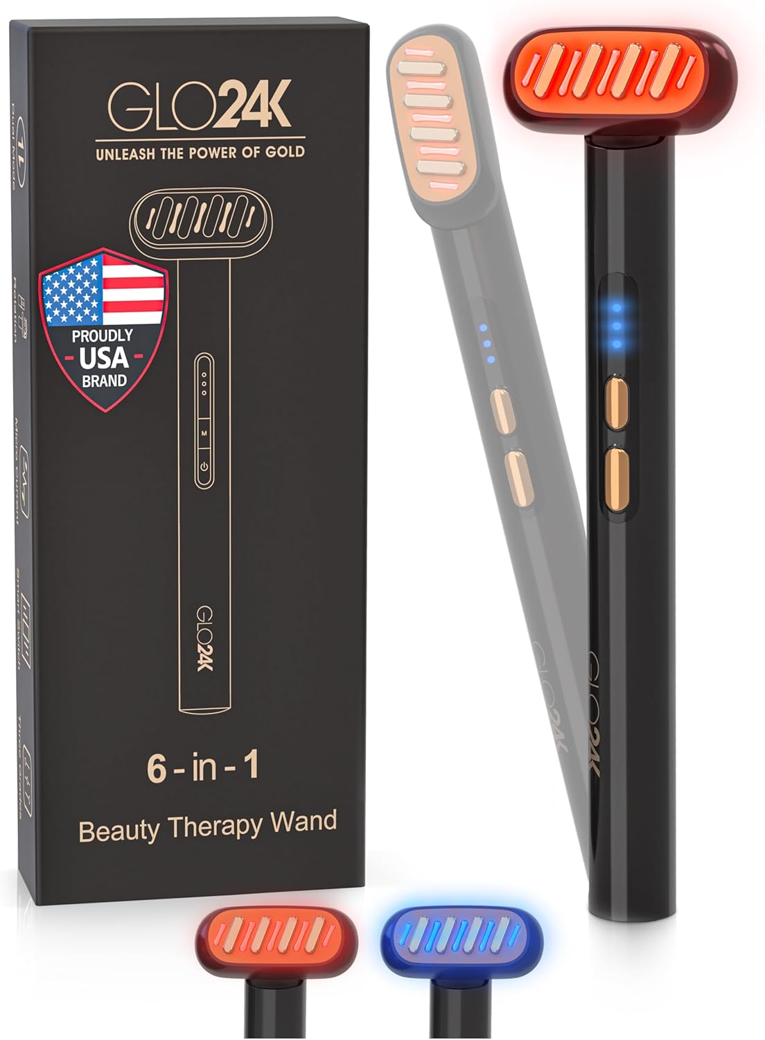 GLO24K 6-IN-1 Beauty Therapy Wand for the Face, Eyes, and Neck. Based on Dual LED Light Therapy, Thermal, Vibration, and Micro-Current Technologies.Skin Rejuvenation