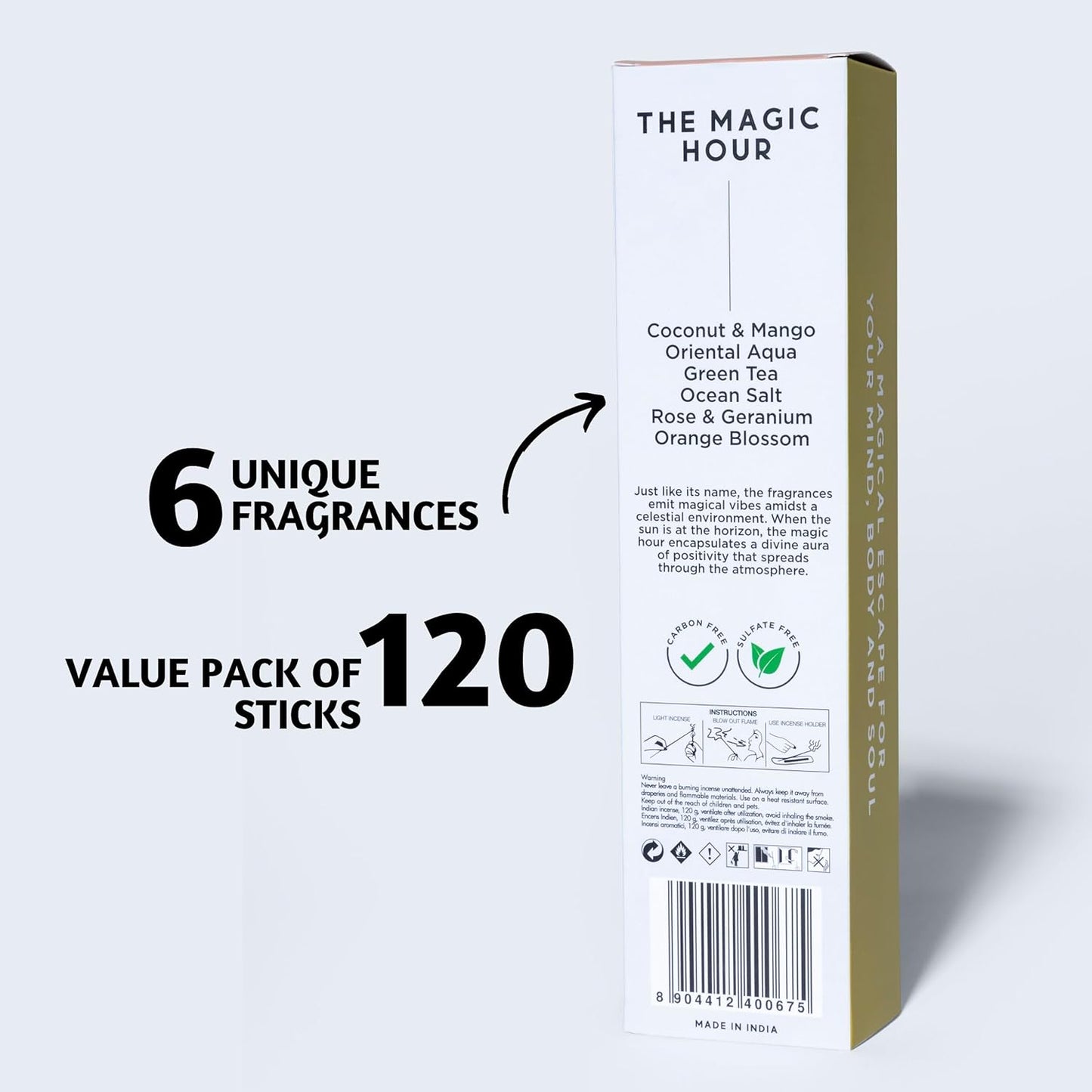 Folkulture Incense Sticks | Set of 6 (120 Organic Insence-Sticks) for Positive Aura with 45 Mins Burn Time | Non Toxic Coconut Mango, Aqua, Green Tea, Rose Geranium, Orange Blossom Inscents-Sticks