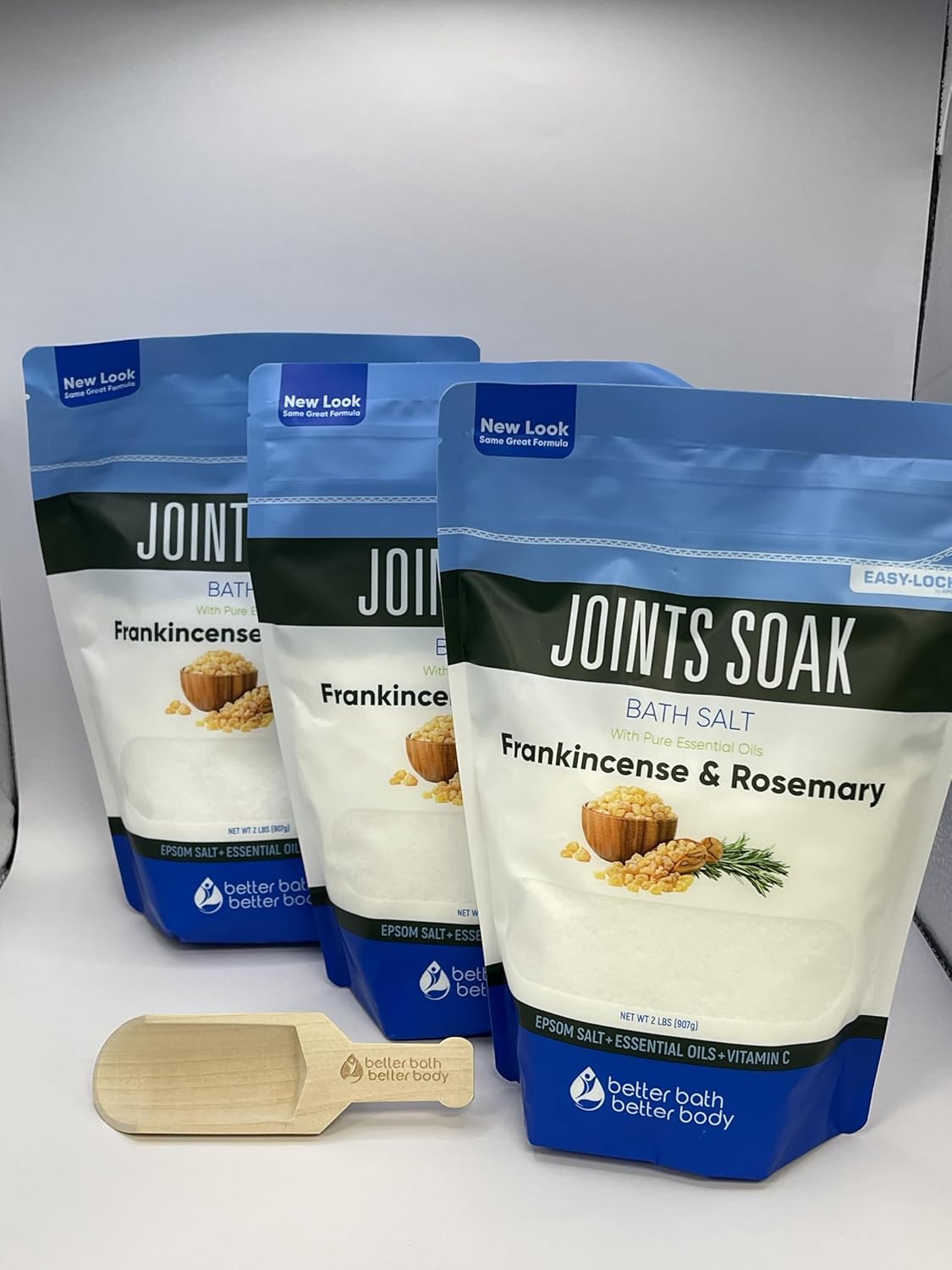 Joints Bath Soak (3 Pack with Scoop) Soothing Epsom Salt with Rosemary and Frankincense Essential Oils Plus Vitamin Crystals in BPA Free Pouch Three 2 lbs Pouches 6 Lbs Total
