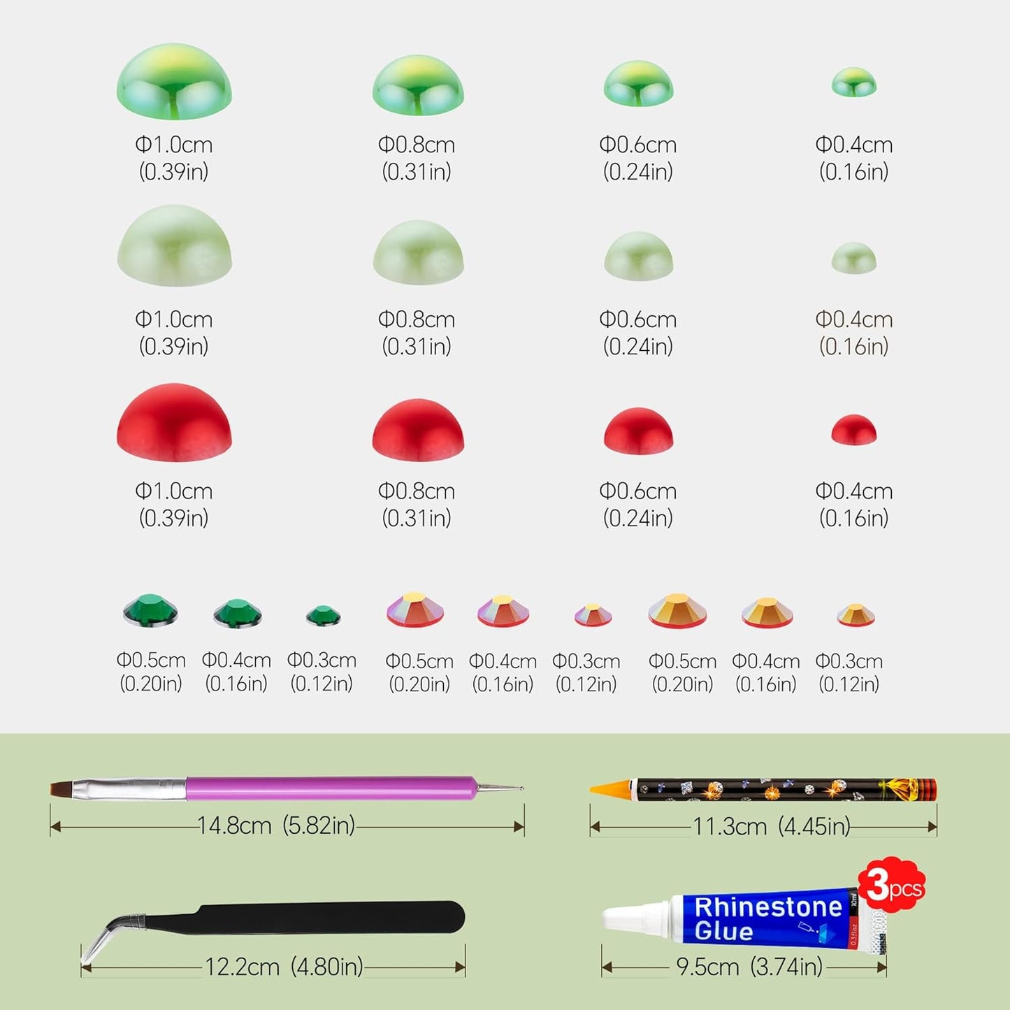 60g Christmas Pearls Rhinestones for Crafts Mixed Size 3mm-10mm AB Color Round Half Pearls Flatback Pearl Beads and Resin Rhinestones Set for Face Art with Gel