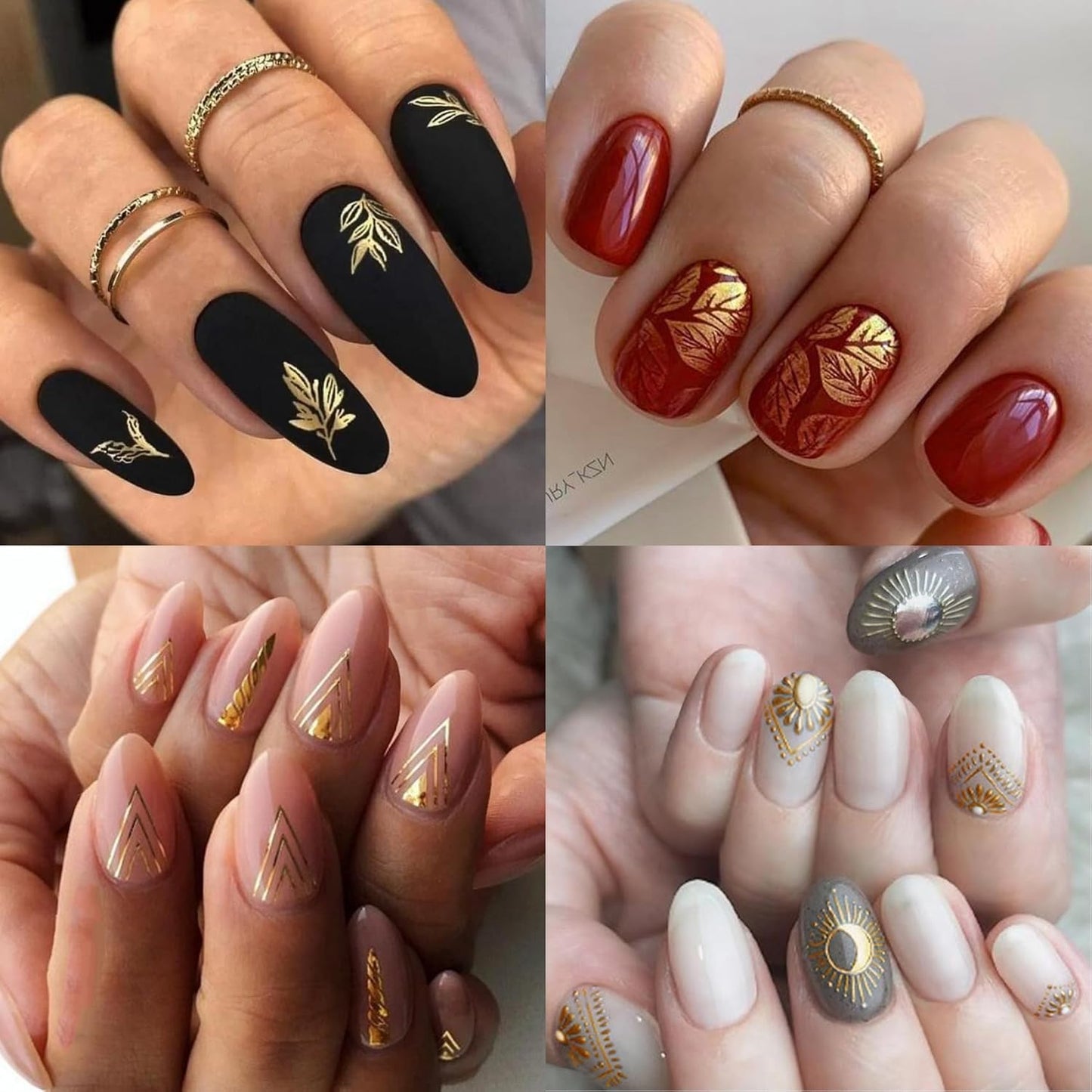 Gold Leaves Nail Art Stickers - Minimalism Geometry Line Self-Adhesive 3D Nail Decals for DIY Golden Manicure(10 Sheets)