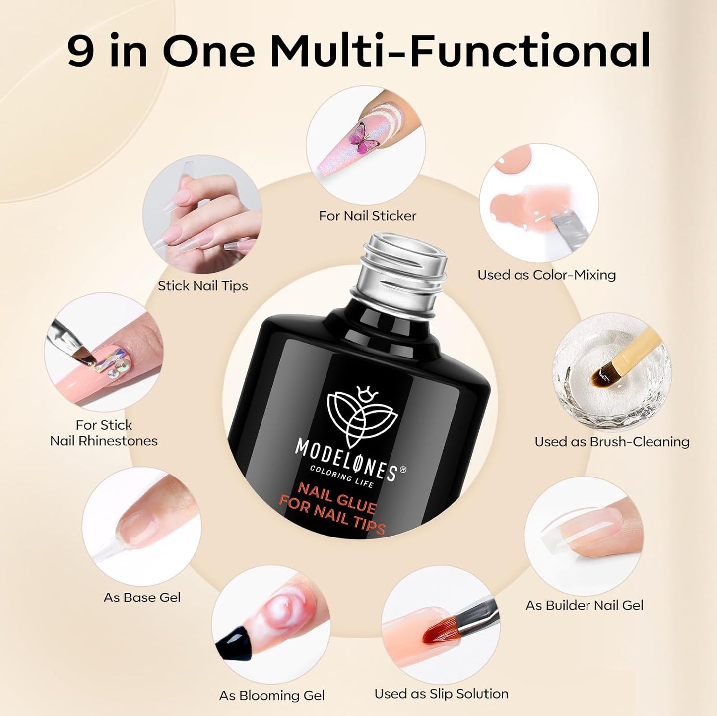 modelones 9 in One Gel Nail Glue Brush On Nail Glue 15 ml for Tips, Rhinestones, Base Coat, Blooming Art Gel Kit for Press on Nails Acrylic Tips U V Lamp Needed 2Pcs
