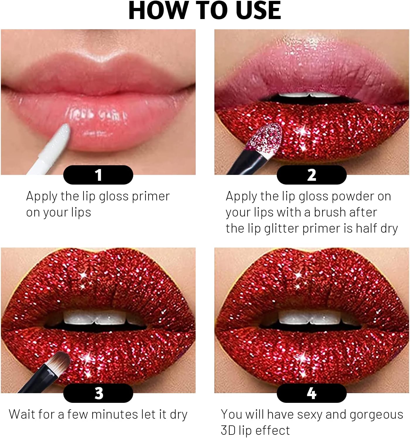 3 Colors Glitter Lip Kit, Diamond and Glitter Metallic Lip Powder with Lip Primer, Waterproof Long Lasting & Smudge Proof, Shimmer Sparkly Glitter Lip Cosmetic without Sticky Flake Off Set A