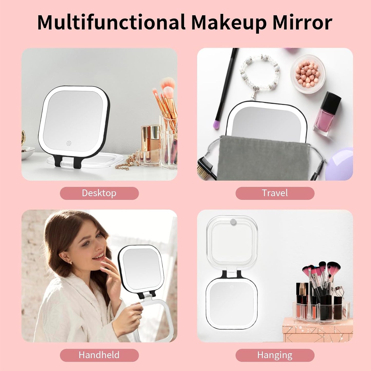 DESCHEN Rechargeable Travel Makeup Vanity Mirror with Lights and Magnification, Portable 1X/10X Magnifying Mirror with 3 Color Light, Lighted Makeup Mirror with Magnification (Black)