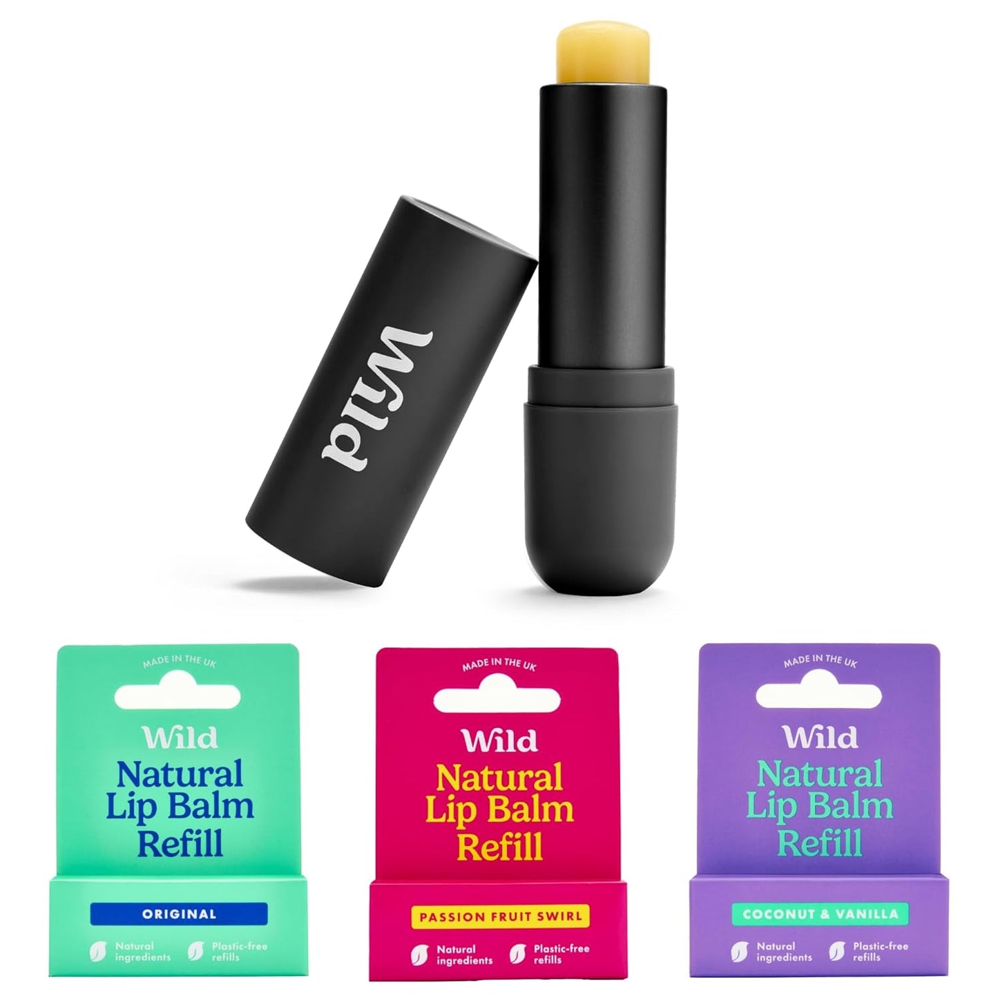 Wild Refillable Lip Balm Starter Kit - Includes Black Aluminum Case & 3 Pack Lip Balm Refills in a Variety of Scents - Includes Passionfruit Swirl, Original and Coconut & Vanilla Scents