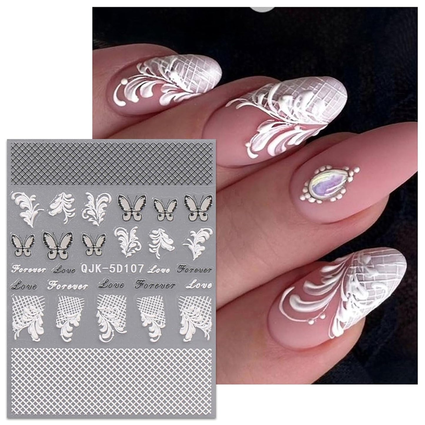 JMEOWIO 3D Embossed Black White Flower Nail Art Stickers Decals Self-Adhesive Pegatinas Uñas 5D Leaves Lace Nail Supplies Nail Art Design Decoration Accessories 4 Sheets
