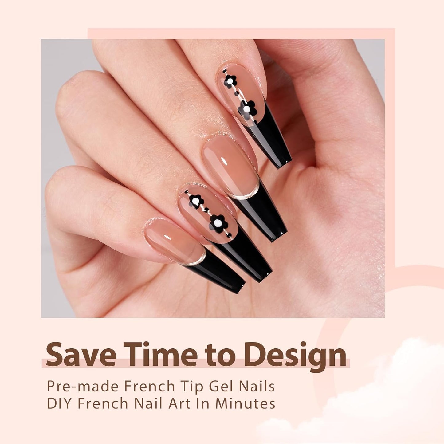 BTArtboxnails XCOATTIPS Black Press on Nails - French Tip Press on Nails Long Coffin Nail Tips, Soak Off Acrylic Gel Fake Nails Art Extension