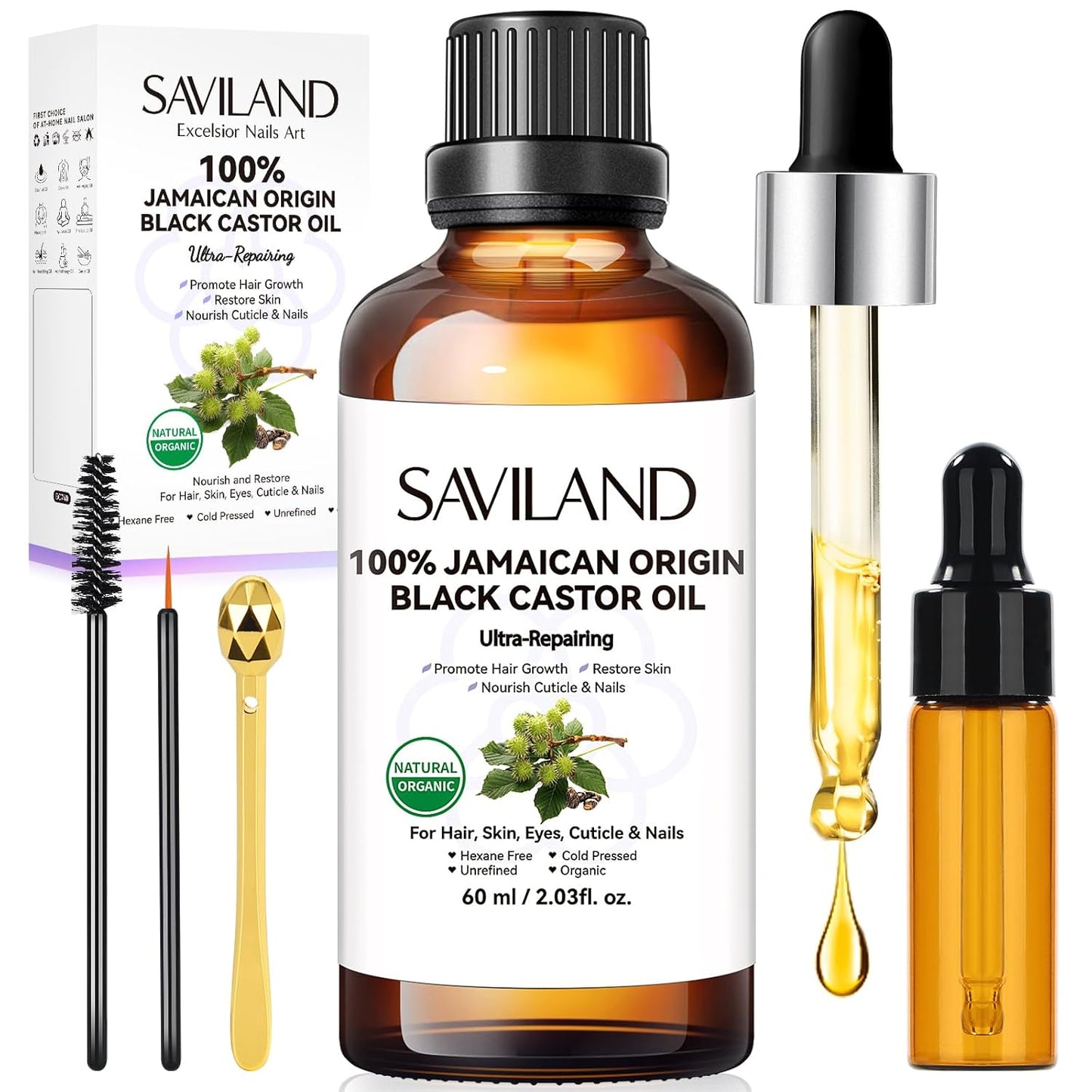 SAVILAND Jamaican Black Castor Oil Organic Cold Pressed Unrefined: 100% Pure and Natural Castor Oil for Hair Growth Eyebrows Face Skin Care Cuticle Nourish Massager Tools Home Care 60ML