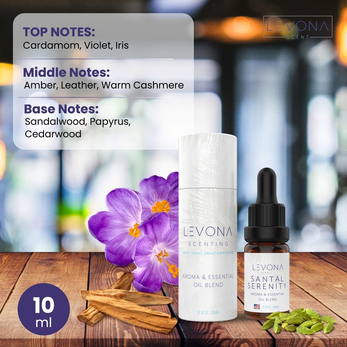 Levona Scent Essential Oils - Scents for Home, Hotel & Office Use - Perfect for Home Diffuser & Humidifiers - Aroma Fragrance Oil, Ideal for Massage, Relaxation, and Spa - Santal Serenity, 10ml