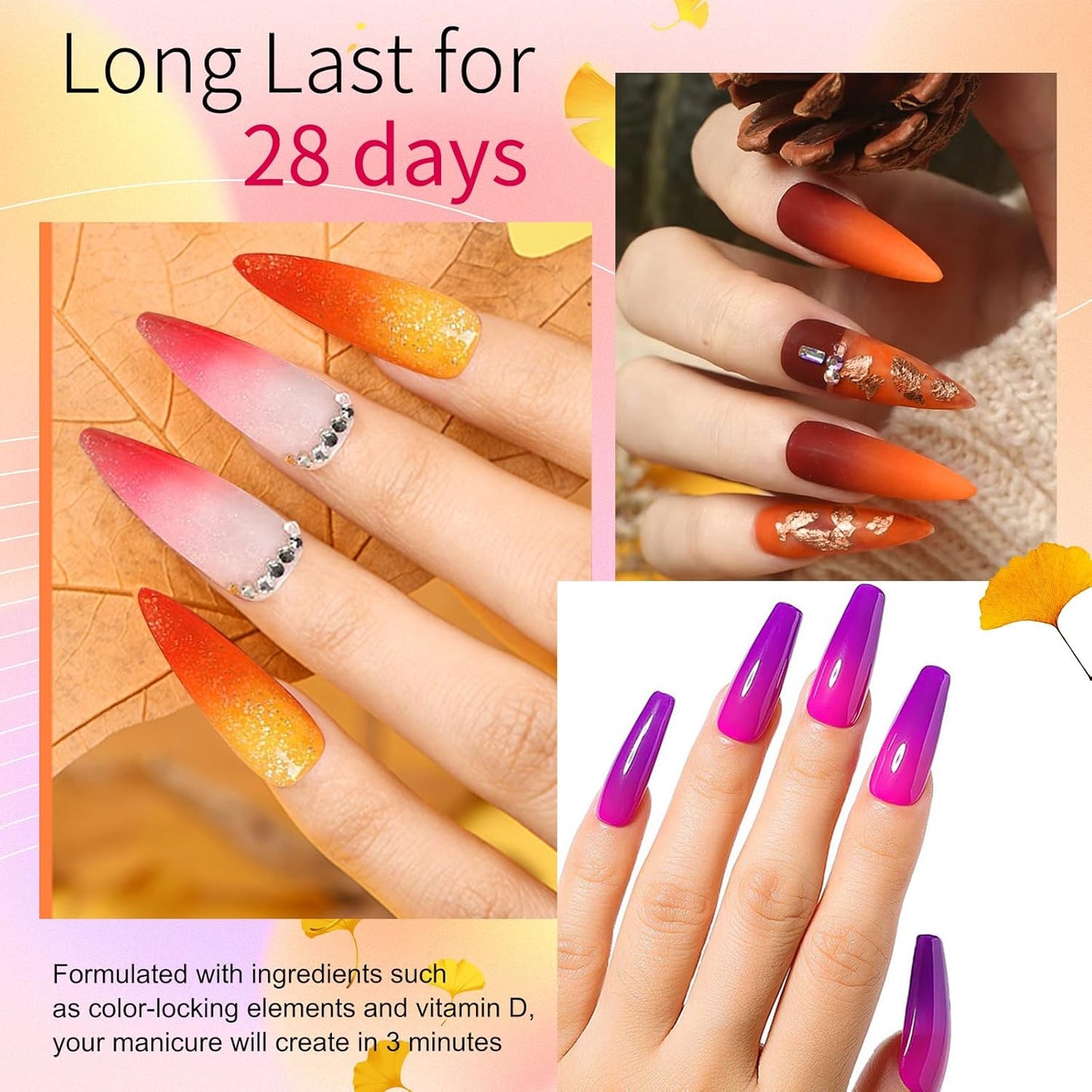 Honey Joy Dip Powder Nail Kit Starter, 4 Colors Halloween Pumpkin Orange Mystic Purple Dipping Powder Liquid Set with Base Top Coat for Nail Art Manicure Salon DIY, Dip-7pcs-No.14