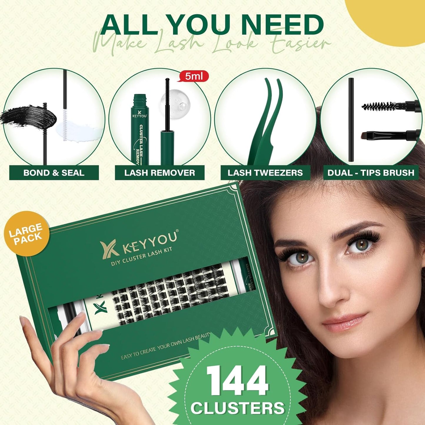 DIY Lash Extension Kit KEYYOU 144pcs Lash Clusters Eyelash Extension Kit with Mascara Brush Bond and Seal Lash Glue Remover Lash Applicators Lash Brush for DIY Lash Extensions (Y04 Kit)