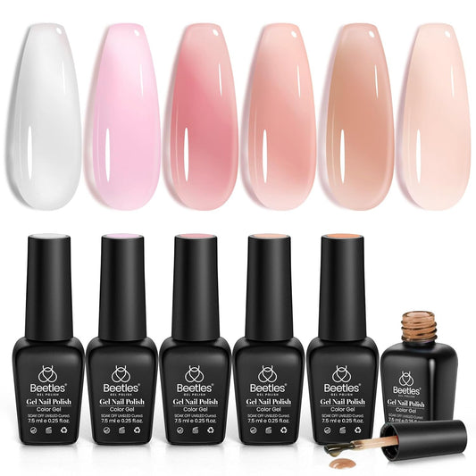 Beetles Jelly Gel Nail Polish Set, 6 Colors Nude Pink Gel Polish Kit Neutral Sheer Milky White Translucent Soak off UV French Nail Art Manicure Gift for Women Girls