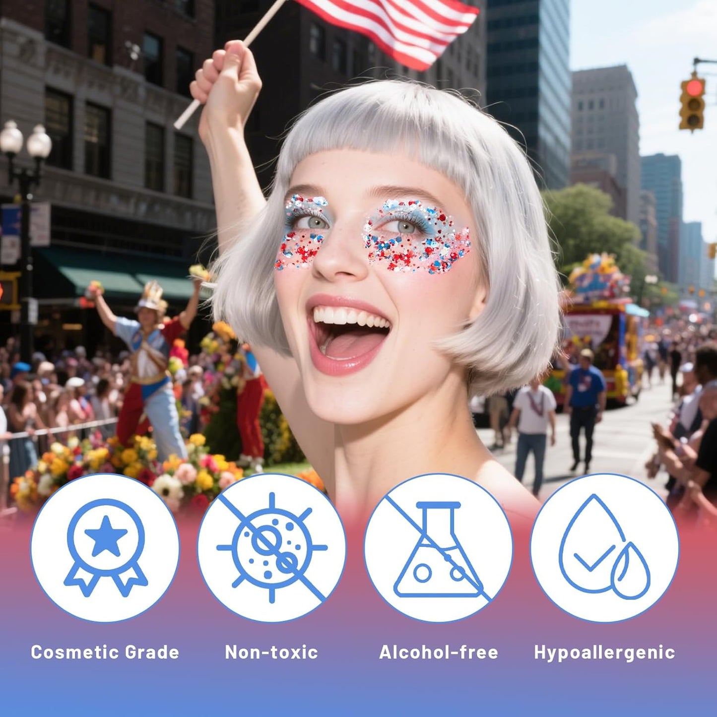 DAGEDA Red White Blue Body Glitter, 4th of July Outfits Accessories for Women, USA Flag Face Glitter Makeup, Fourth of July Patriotic Independence Day Hair Accessories Party Costumes