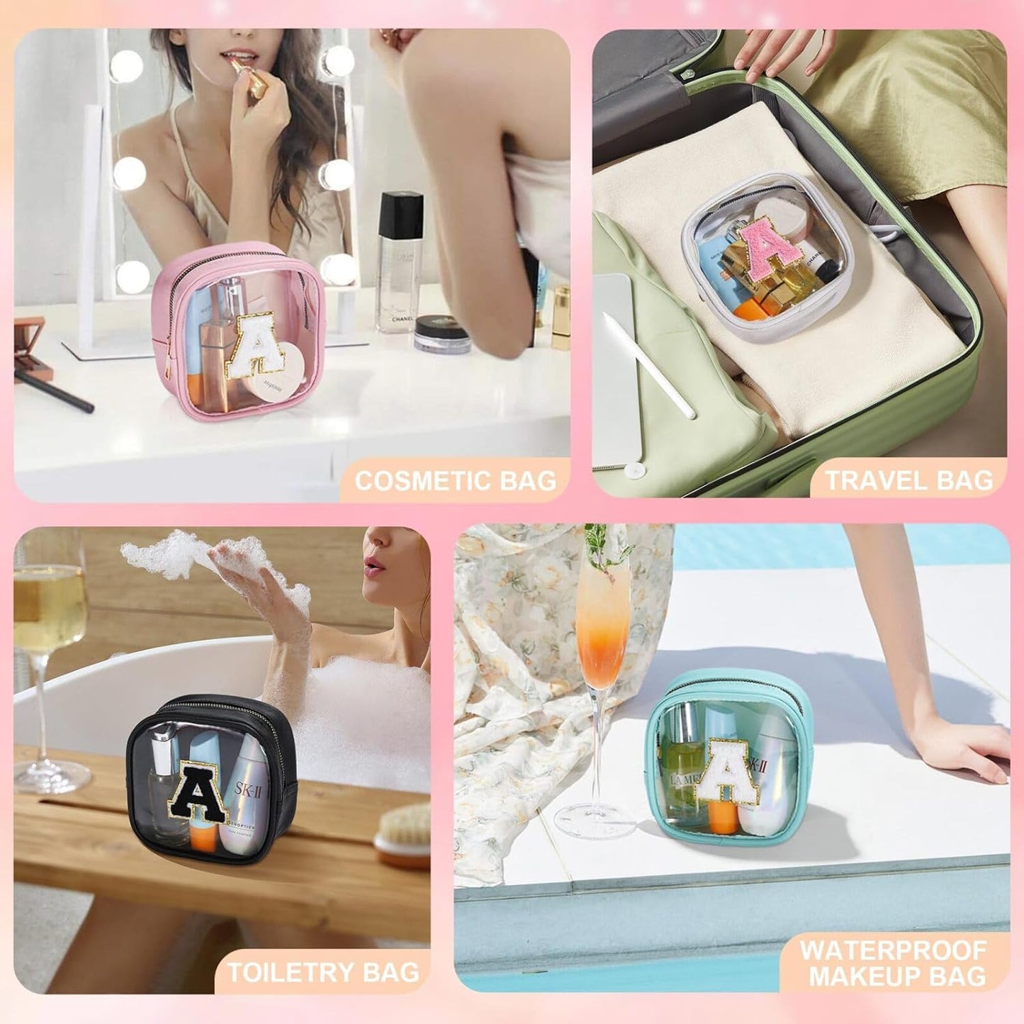 YOOLIFE Initial Makeup Bag Travel Toiletry Bag, Clear Makeup Bag Car Accessories For Women Clear Makeup Bags With Zipper Girlfriend Teacher 13 Year Old Girl Gifts Daughter Girl Gifts Mini Black E