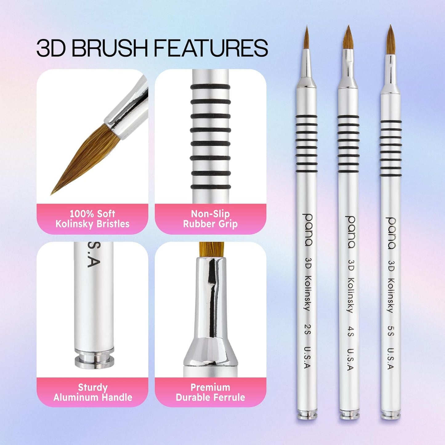 PANA 3D Kolinsky Acrylic Nail Art Sculpture Brush with Silver Metal Non-Slip Grip Handle for Manicures 3D Nail Art Flower Designs (Size #2)