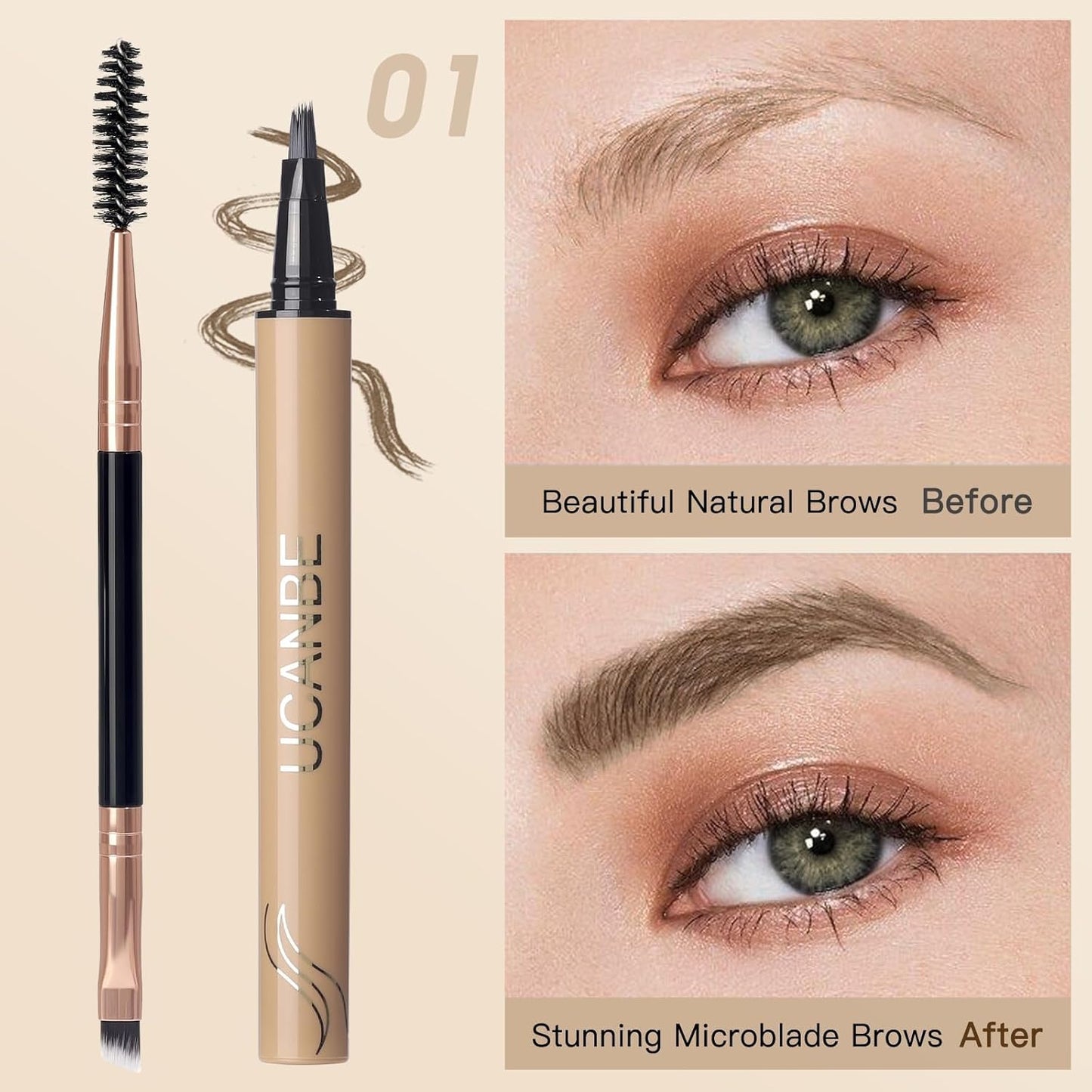 UCANBE Brow-Fection Angled Brush Eyebrow Pen, Liquid Microblading Eyebrow Pencils for Women, Wild Natural Brow Pen for Realistic Hair-Like Brows, Easy to Color, Waterproof, Lasts All Day, Brown