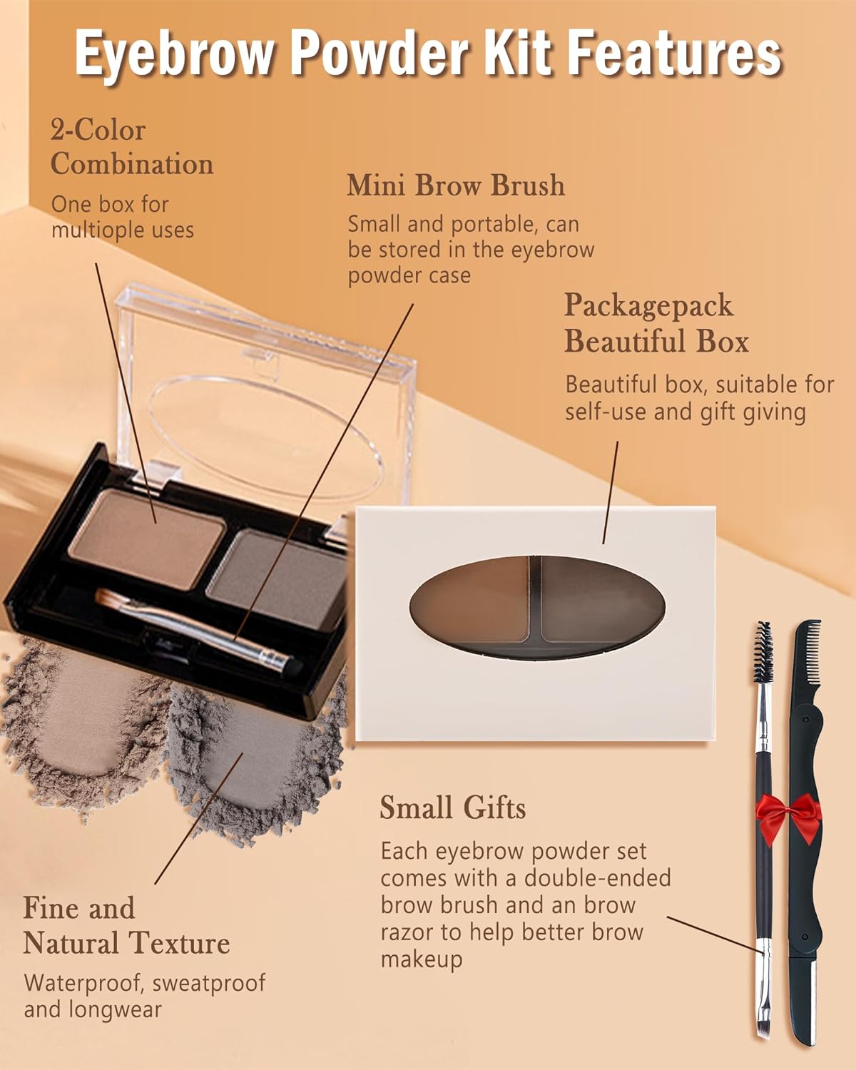 Eyebrow Powder Kit-Waterproof Two Colors Brow Powder Tinted Palette Long Lasting Up to 16H, Brown/Dark Brown Brow Filler Defined&Sculpt Natural Eyebrow Makeup for Sparse Brow with Brow Brush &Razor-03