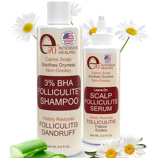 Folliculitis Treatment Shampoo & Serum with 3% BHA, Salicylic Acid, Tea Tree Oil & Chamomile Extracts - Anti Itch Shampoo for women & men with Flaky Scalp Treatment Acne, Made in USA by e70, 8 fl oz