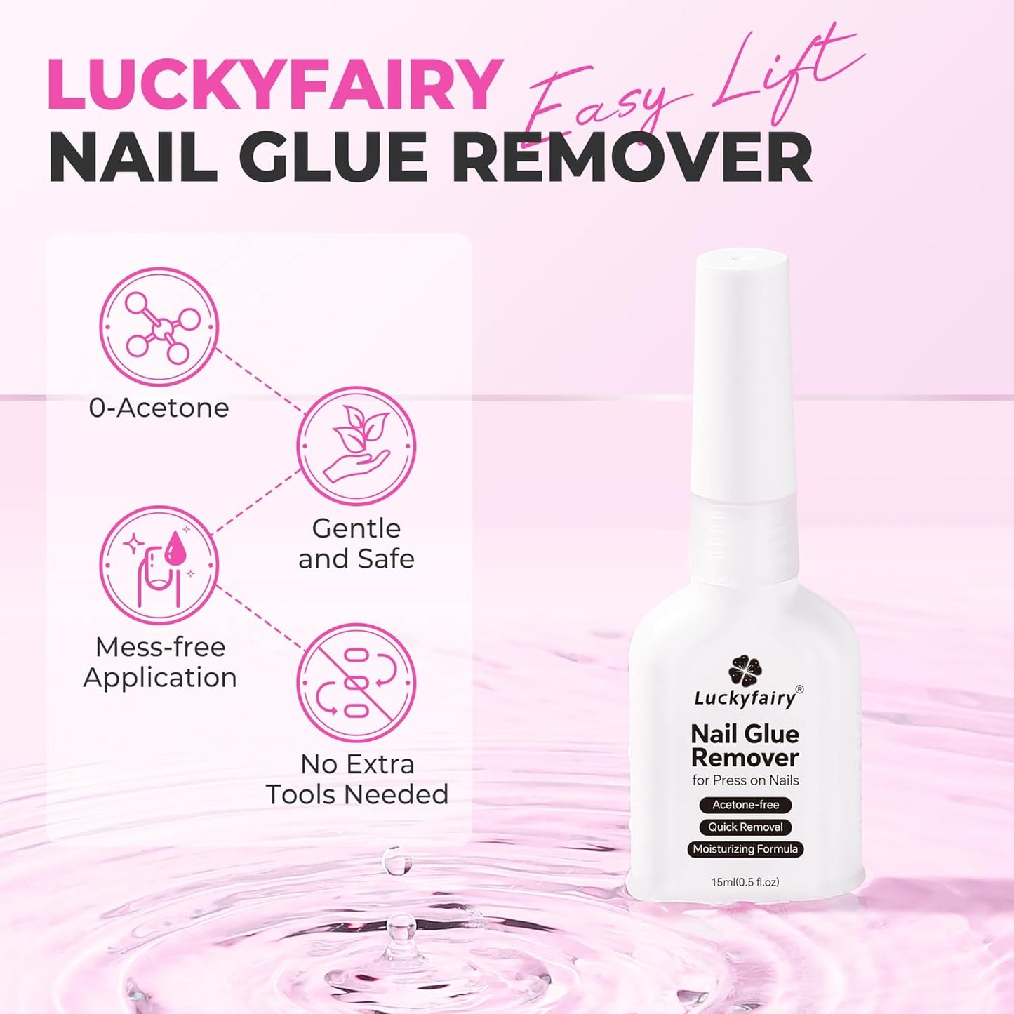 Nail Glue Remover for Press on Nails, 15ml Acetone-free Nail Polish Remover, Multi-Functional Glue Remover for Nails Tips, Quick Easy Gentle Removal, Not for Gel Polish