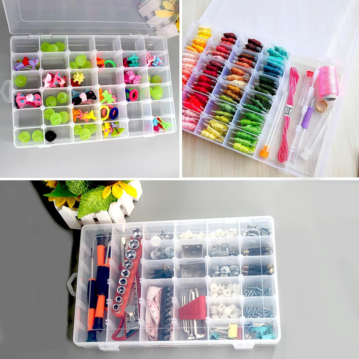 5Pack 36 Grids Clear Plastic Organizer Box with Adjustable Dividers Storage Container Jewelry Box for Beads Art Crafts Pieces Letter Board Fishing Tackles Rock Collection with 2000pcs Label Stickers