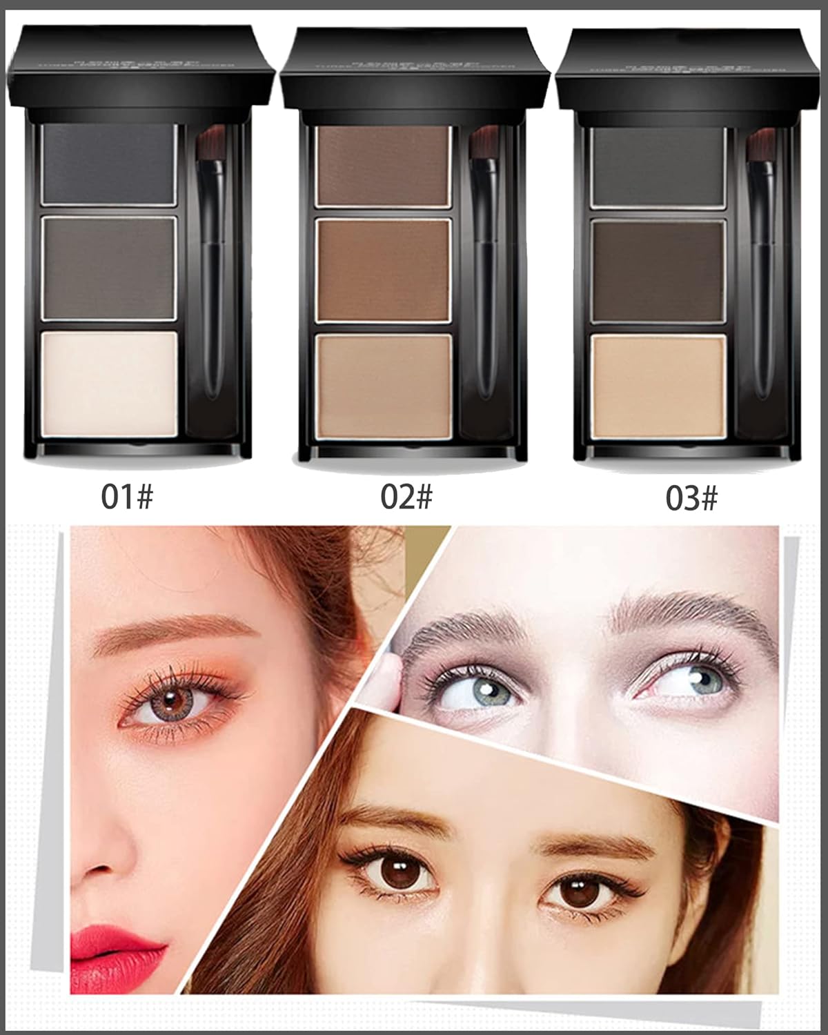 Eyebrow Powder Makeup Kit-3 Colors Eye Brow Powder Palette Long-Lasting Waterproof, Grey Brown Series Brow Filler, Fill & Sculpt Full Eyebrows for Women, With Mirror, Brow Brush & Razor-Set 03