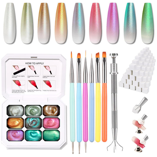 Sponge Pat Paint Nail Gel & Tools Kit, 9 Colors Ombre Nails Gradient Gel Nail Blush Blooming Aura Nails Drawing Stripper Floral Painting Nail Art, No Wipe, UV/LED Curing (9 Colors Set K)