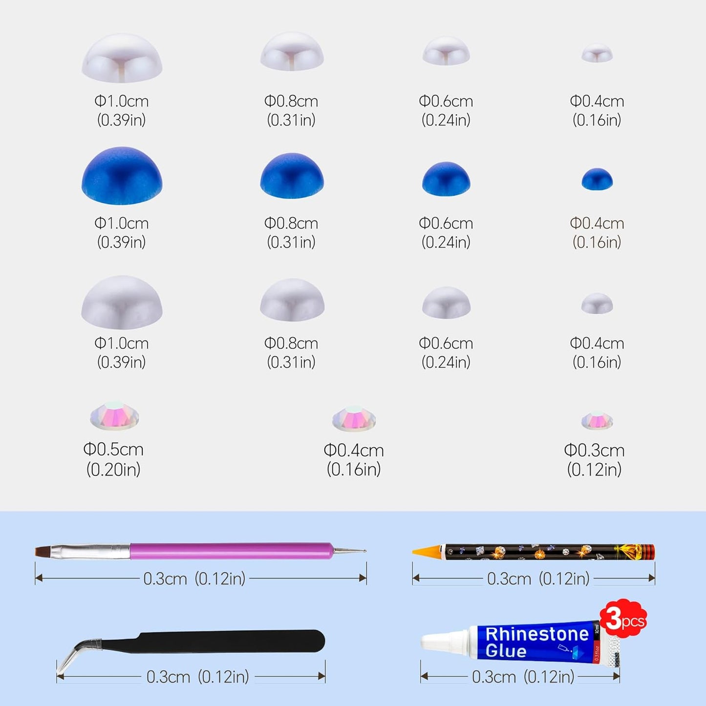 60g Blue White Pearls Rhinestones for Crafts Mixed Size 3mm-10mm AB Color Round Half Pearls Flatback Pearl Beads and Resin Rhinestones Set for Face Art with Gel