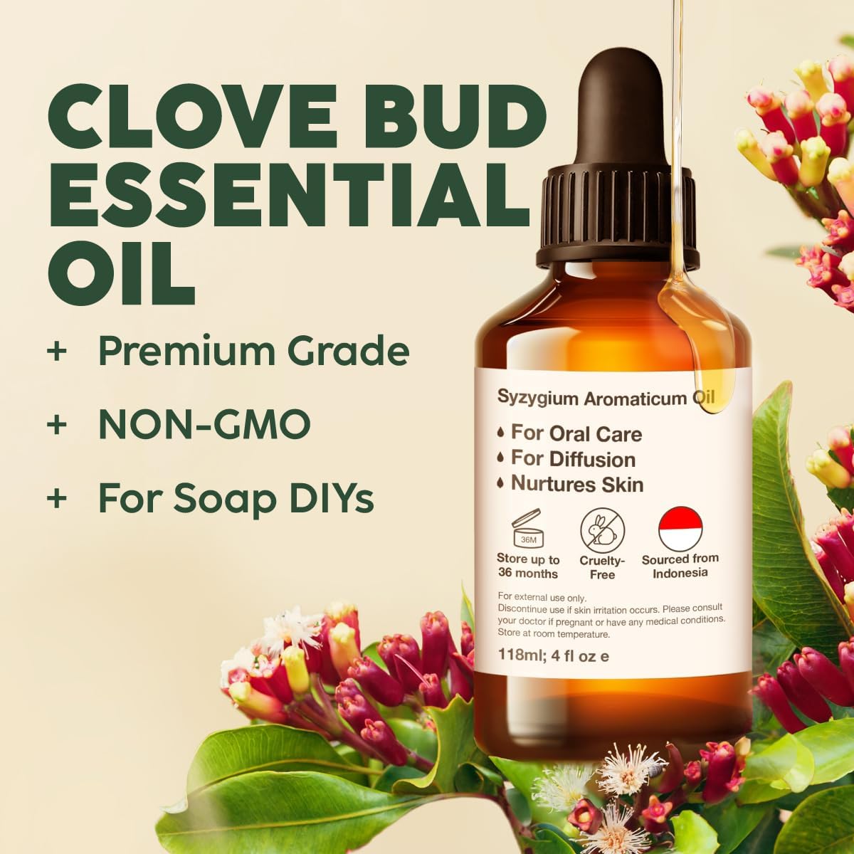 Kukka Clove Oil for Teeth and Gums - 4 Fl Oz - Clove Essential Oil - Sourced from Flower Buds - Ideal for Oral Care, Hair, Diffuser, DIY Soap Making Scents