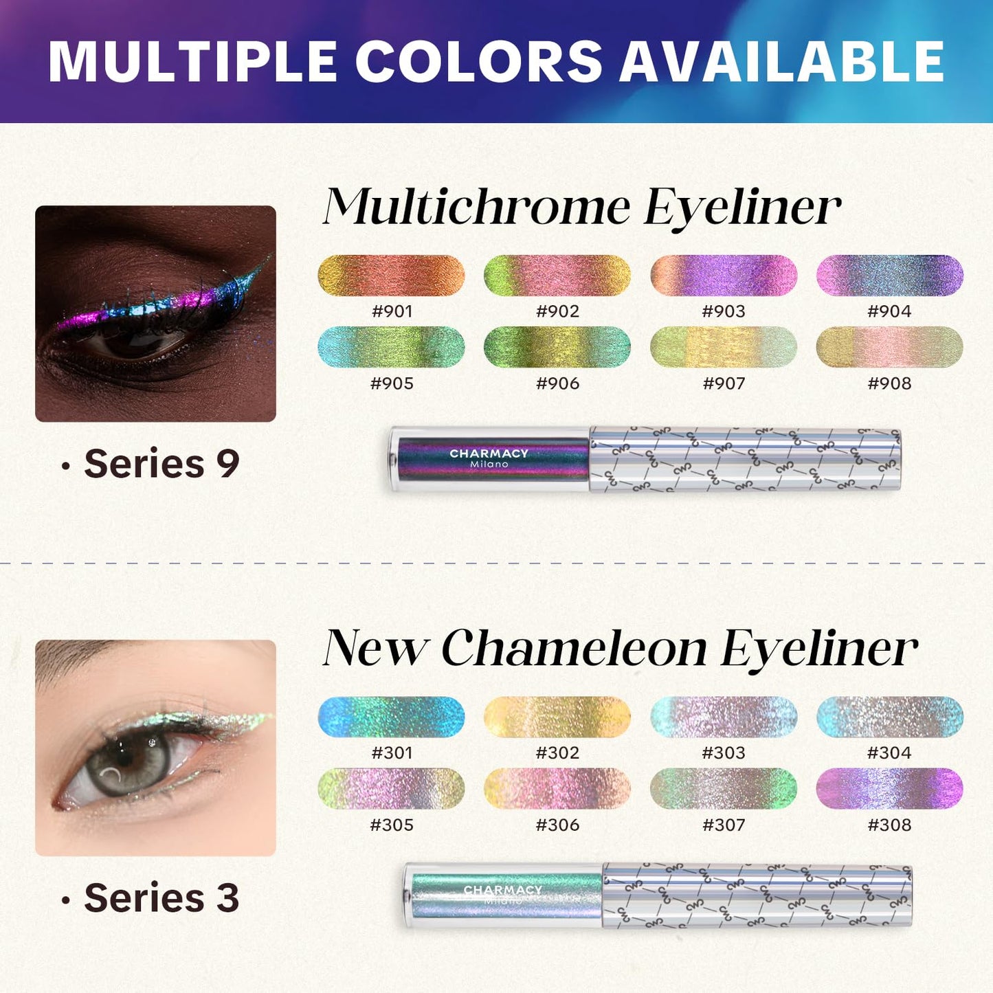 CHARMACY Chameleon Liquid Eyeliner, Liquid Glitter Eyeliner, Highly Pigmented, Metallic MultiColor Shifting waterproof Eyeliner, Ultra-Fine Tip, Longwearing, Smudge-proof (#308)