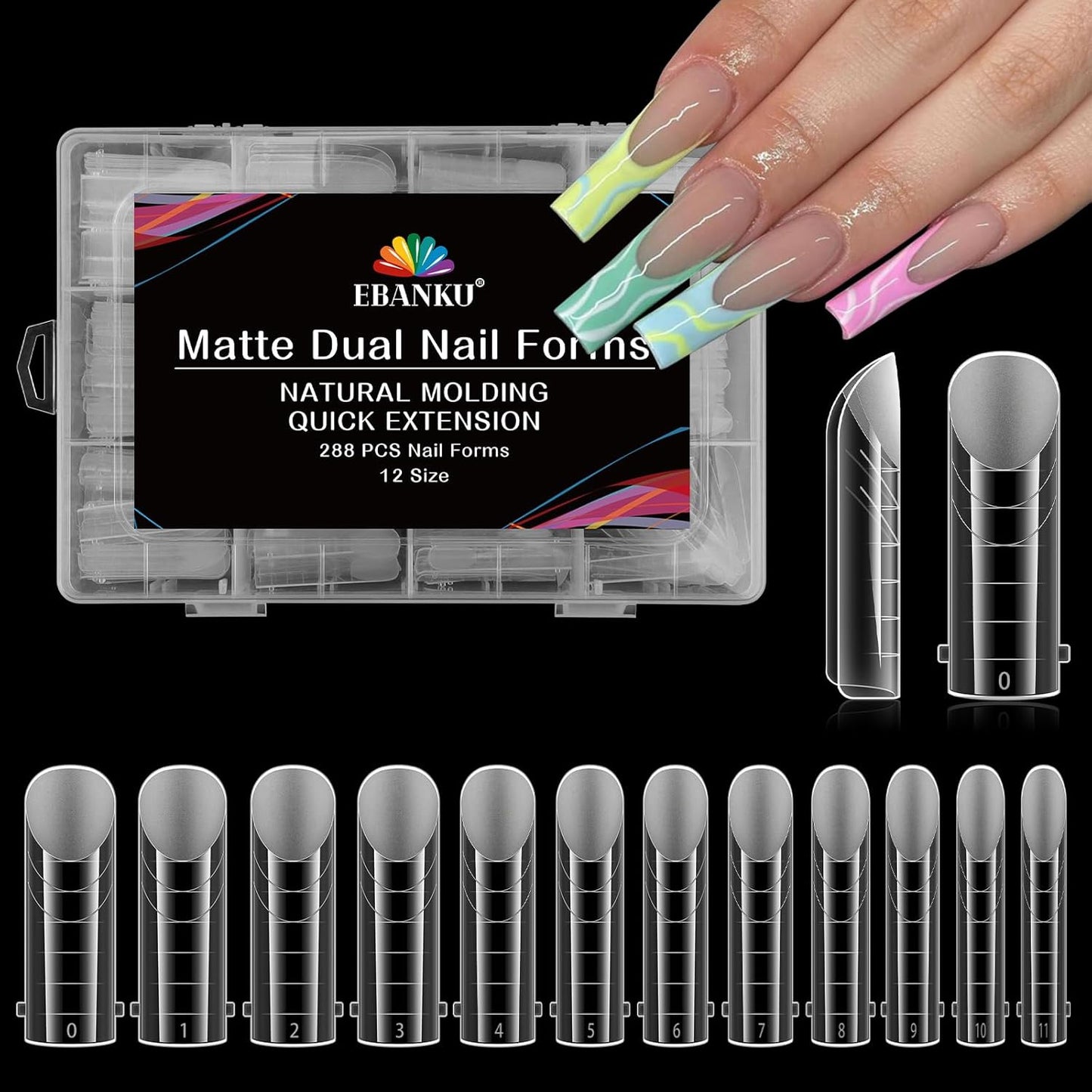 EBANKU 288Pcs Matte Dual Nail Forms, Clear Poly Gel Nail Molds Square Full Cover Coffin Nail Tips Extension Forms for Gel Manicure Nail Art Design Salon&DIY-12 Sizes