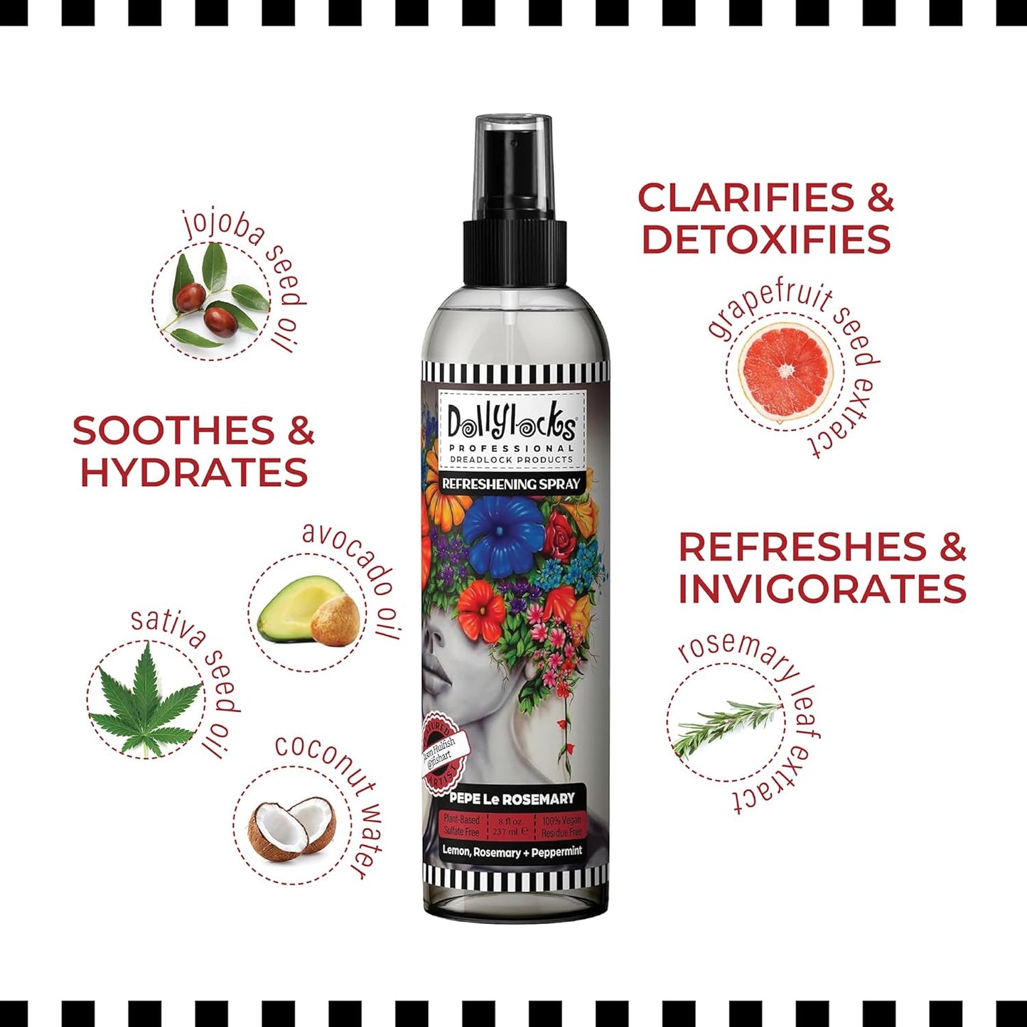 Dollylocks Dreadlock Refreshening Spray for Locs - Pepe Le Rosemary, Peppermint Lemon and Rosemary Scent - Residue-free and Sulfate-free Loc and Scalp Refreshing Spray for Dreadlocks, 8oz