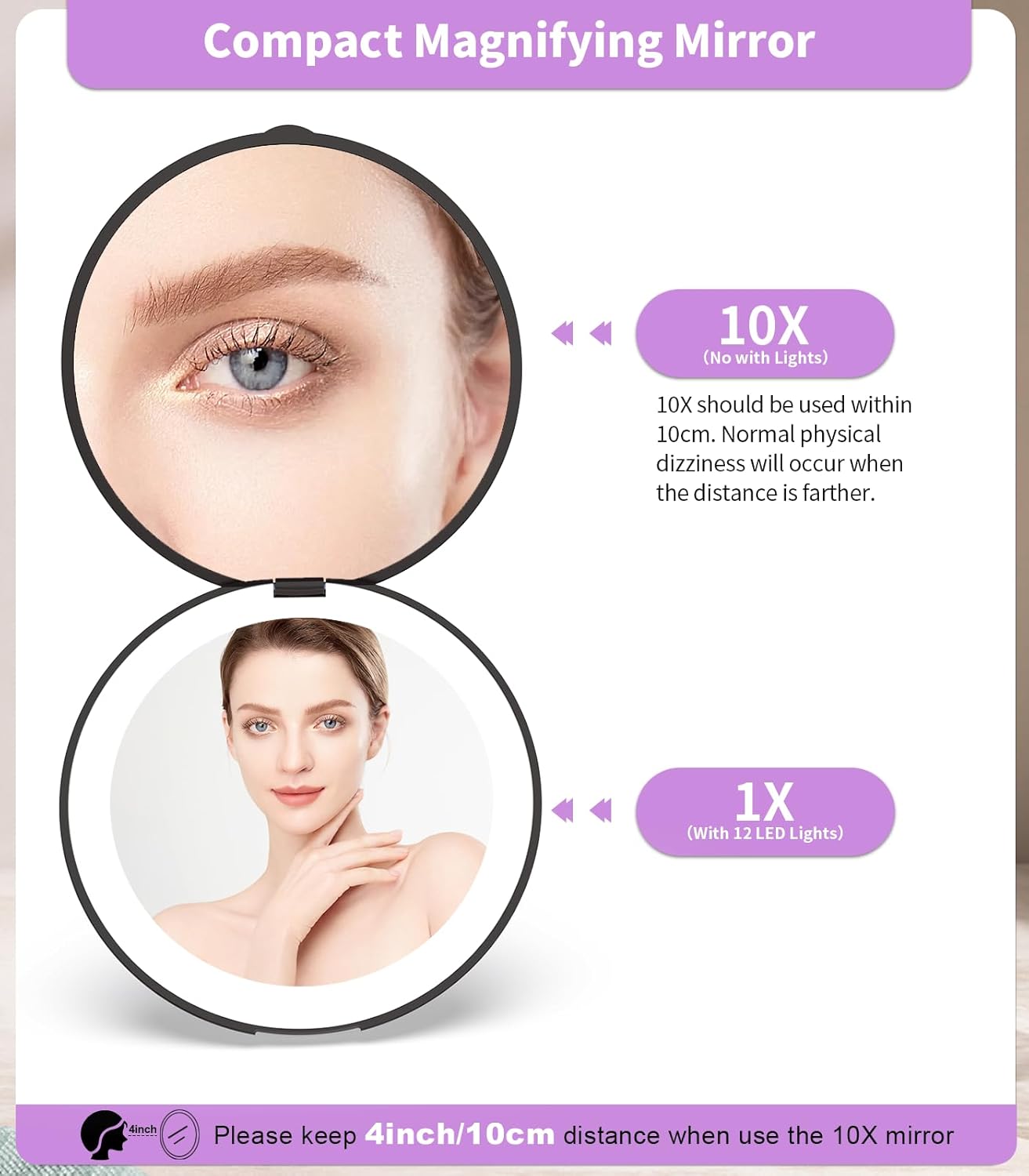 WOBSION Travel Compact Mirror,Portable 1x/10x LED Makeup Mirror with Magnification,Handheld 2-Sided Pocket Mirror, 3.5in Small Mirror for Purse,Handbag,Gift,Black