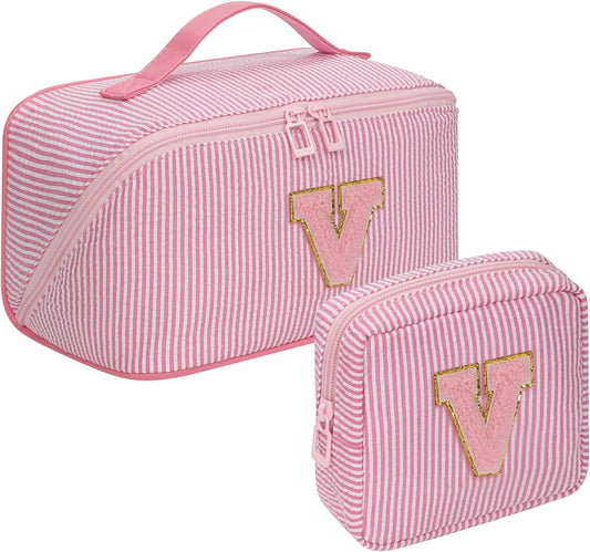 Travel Makeup Bag for Women, 2Pcs Portable Personalized Initial Makeup Organizer Bag, Open Flat Large Cosmetic Bag With Travel Essential Pouch (Pink Letter V)