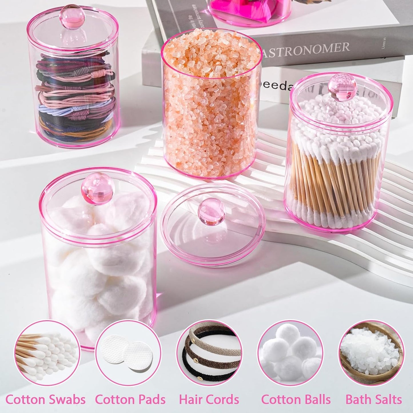 6 Pack Qtip Holder,Canister Apothecary Jar Set, Bathroom Jars with Lids Set for Cotton Swabs, Balls, Pads, Floss Picks,10oz-12oz Plastic Canisters Restroom Bedroom Vanity Organizer(Pink)