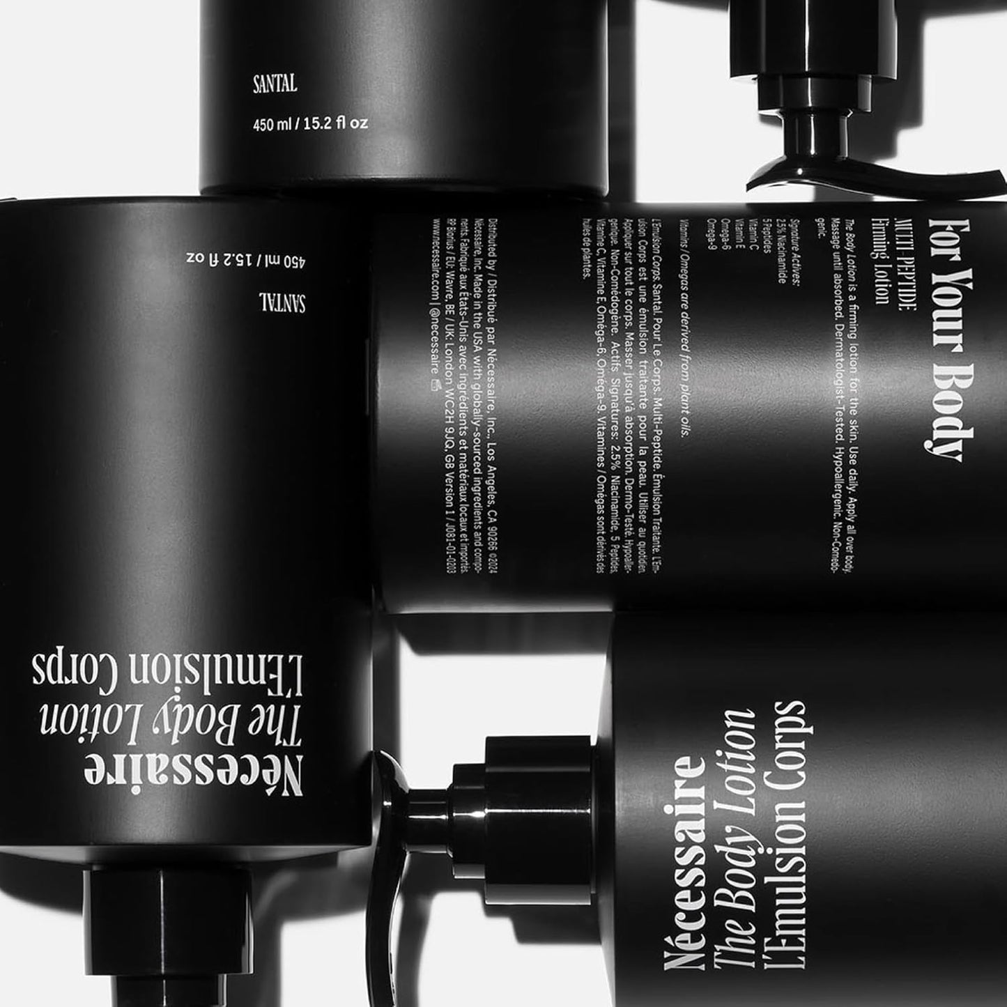 Nécessaire The Body Lotion with Pump. Santal. Multi-Peptide Firming Lotion to Moisturize, Firm, Strengthen. 2.5% Niacinamide, Vitamin C/E + Omega 6/9. 450ml / 15.2 fl oz