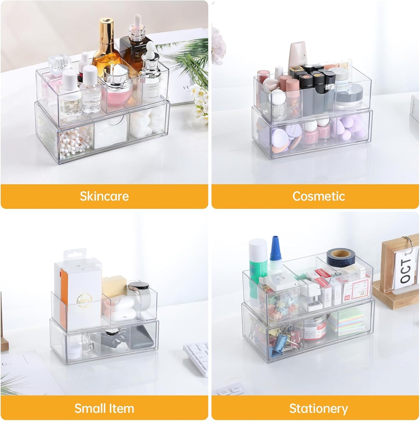 Medicine Cabinet Organizer 2 Pack, Stackable Storage Drawers with Removable Divider, Make Up Organizer for Bathroom Mirror Cabinets, Vanity, Closet, Countertop - Clear