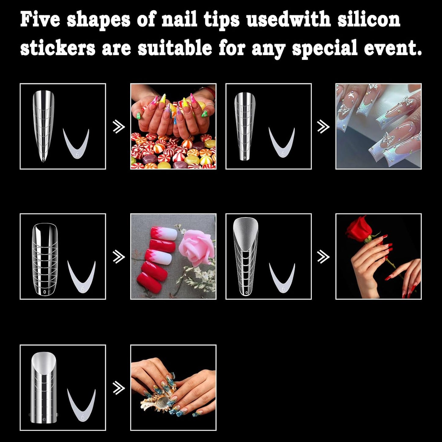 Allstarry 360pcs Nail Dual Forms, Silicone French Nail Forms for Poly Gel Nail Gel Extension Full Cover Acrylic Nail Tips 5 tpye nail form and Silicone Reusable Stickers for Nail Art Design