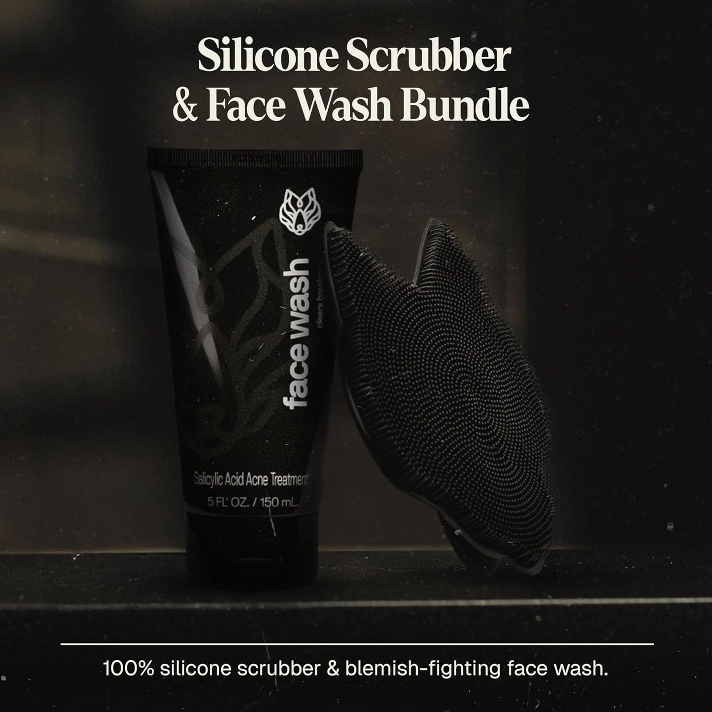 Black Wolf Charcoal Face Wash & Silicone Scrubber Set for Men - Daily Grooming & Hygiene Essentials for Mens Skin Care