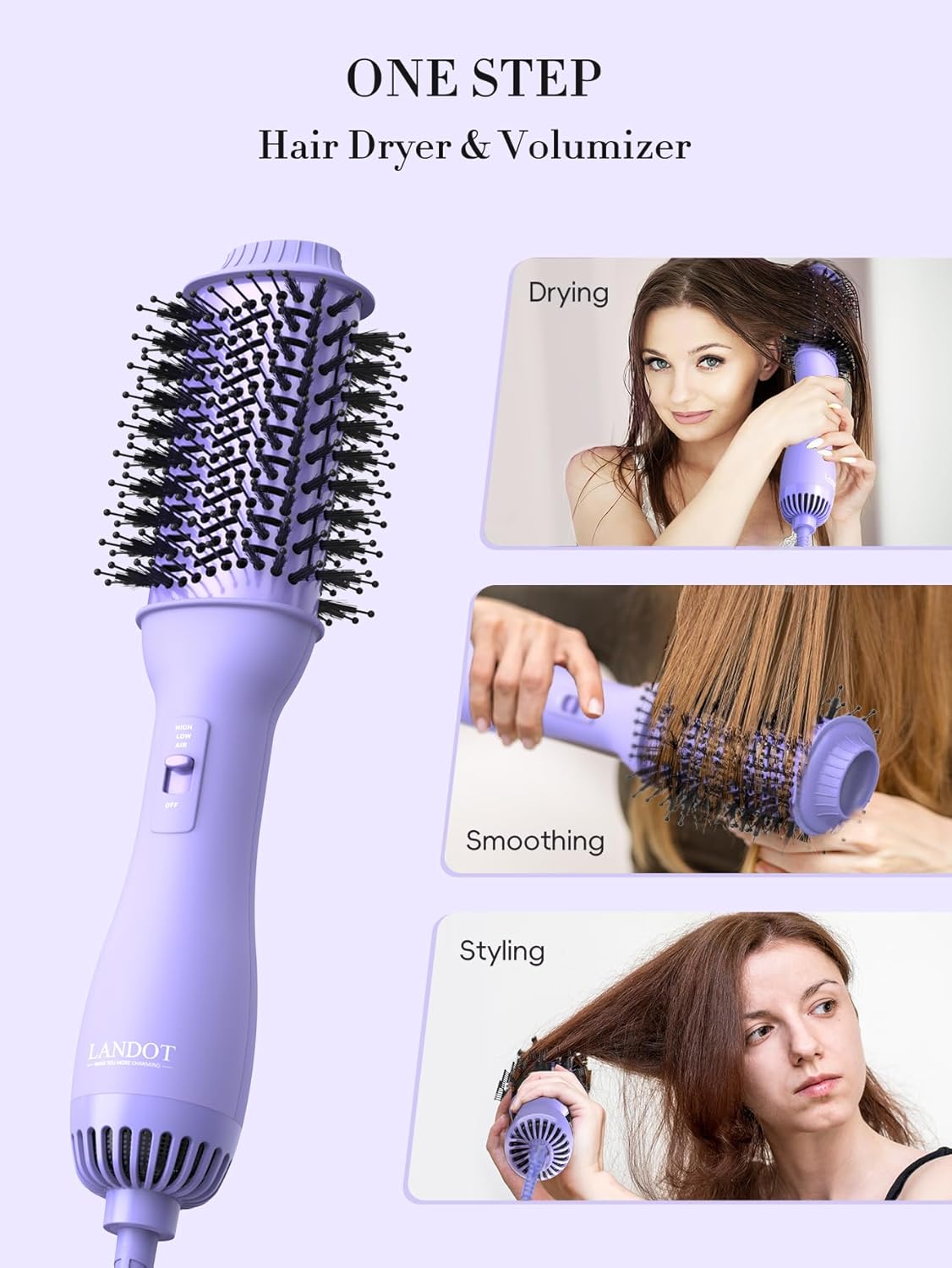 LANDOT Hot Hair Blow Dryer Brush: One-Step HairDryer Styler and Volumizer - Heated Air Brush Straightener with Negative Ion Ceramic Titanium Oval Barrel for Fast Styling & Smooth Frizz-Free Blowout