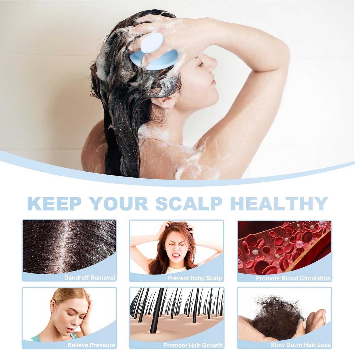 Silicone Scalp Massager, Scalp Scrubber for Hair Growth with Soft Bristles, Scalp Exfoliator Brush Dandruff Removal Shampoo Brush for Wet Dry Scalp Care (Light Blue)