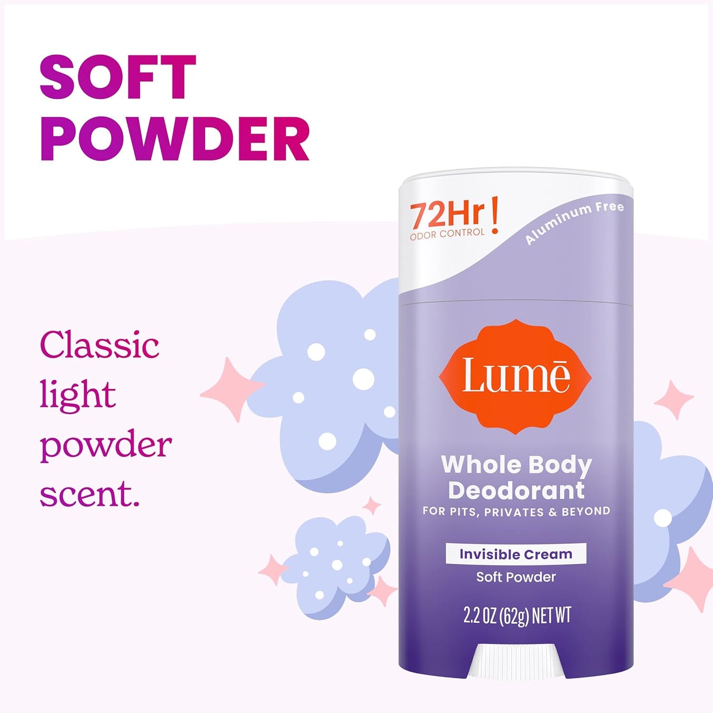 Lume Whole Body Deodorant - Invisible Cream Stick - 72 Hour Odor Control - Aluminum Free, Baking Soda Free, Skin Safe - 2.2 Ounce (Pack of 2) (Soft Powder)