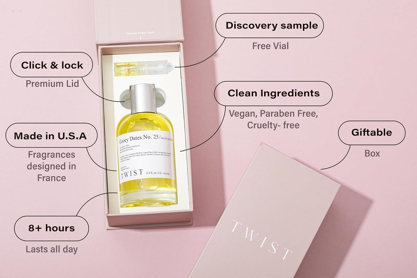 Twist Gooey Dates No. 25 - Inspired by L. Sticky Dates, Long-Lasting Perfume for Women & Men, Vegan, Clean Ingredients, Date Syrup & Vanilla Fragrance – Spray 100 ml | 3.4 fl. oz.