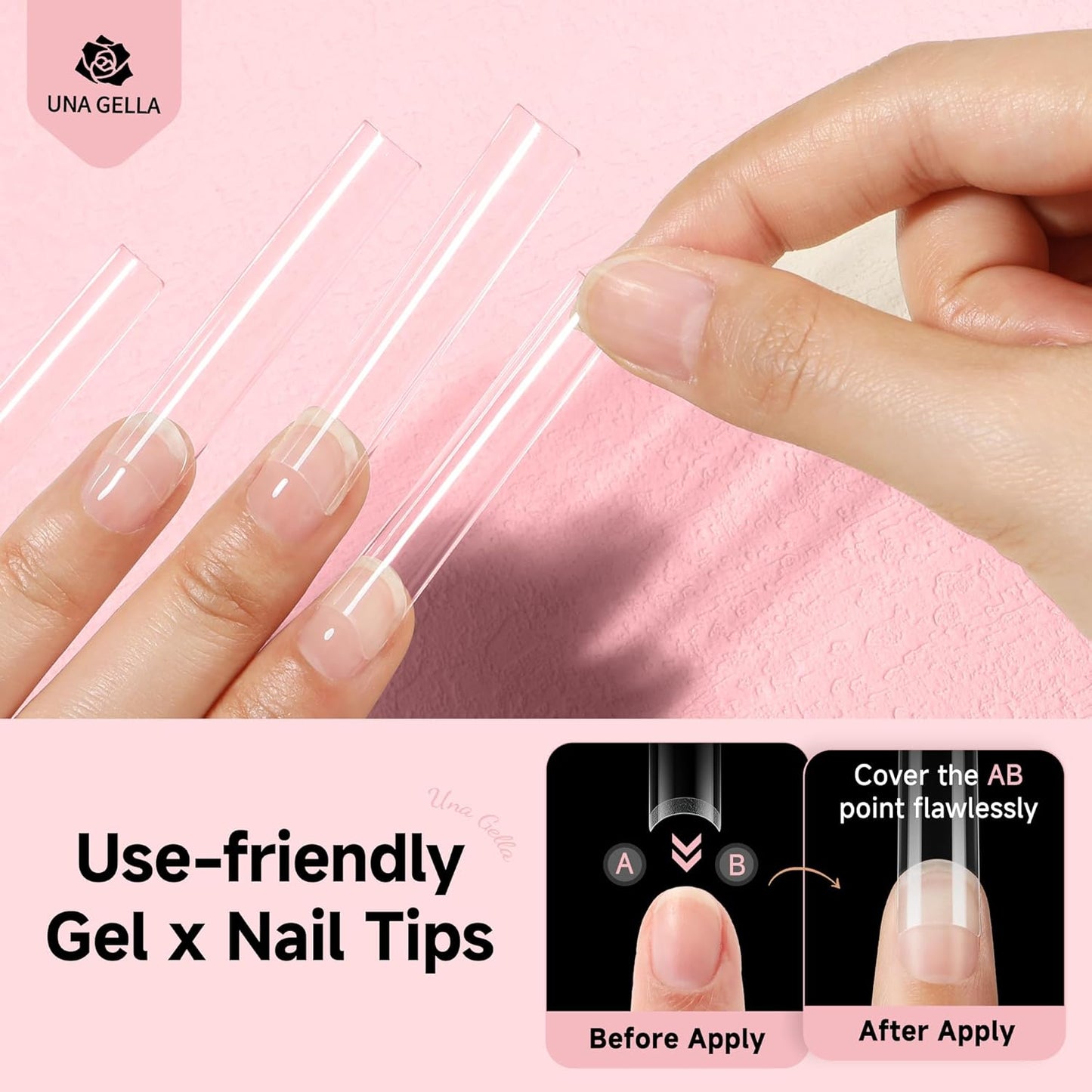 UNA GELLA No C Curve Tapered Square Nail Tips 216Pcs - 3XL Half Cover Clear Acrylic False Straight Nail Tips Long Soft Square Gel Tips Press on Nails for Nail Extensions DIY 12 Sizes With Box