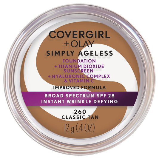 COVERGIRL Simply Ageless Instant Wrinkle Defying Foundation, SPF 28, Hyaluronic Complex & Vitamin C - 260 Classic Tan, Pack of 1