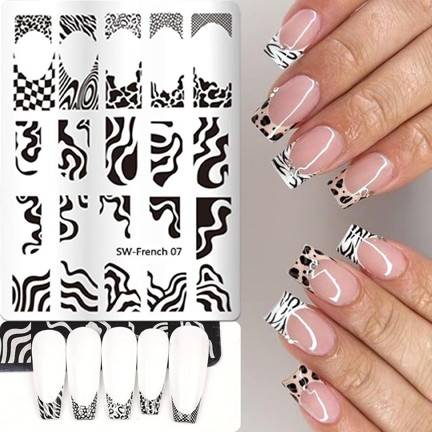 French Tip Nail Stamping Plate- 10 pcs Nail Stamper Kit Silicone Nail Stamper French Nail Stamp with Nail Art Stamps Storage Bag Nail Stamp Template Nail Supplies for Salon DIY